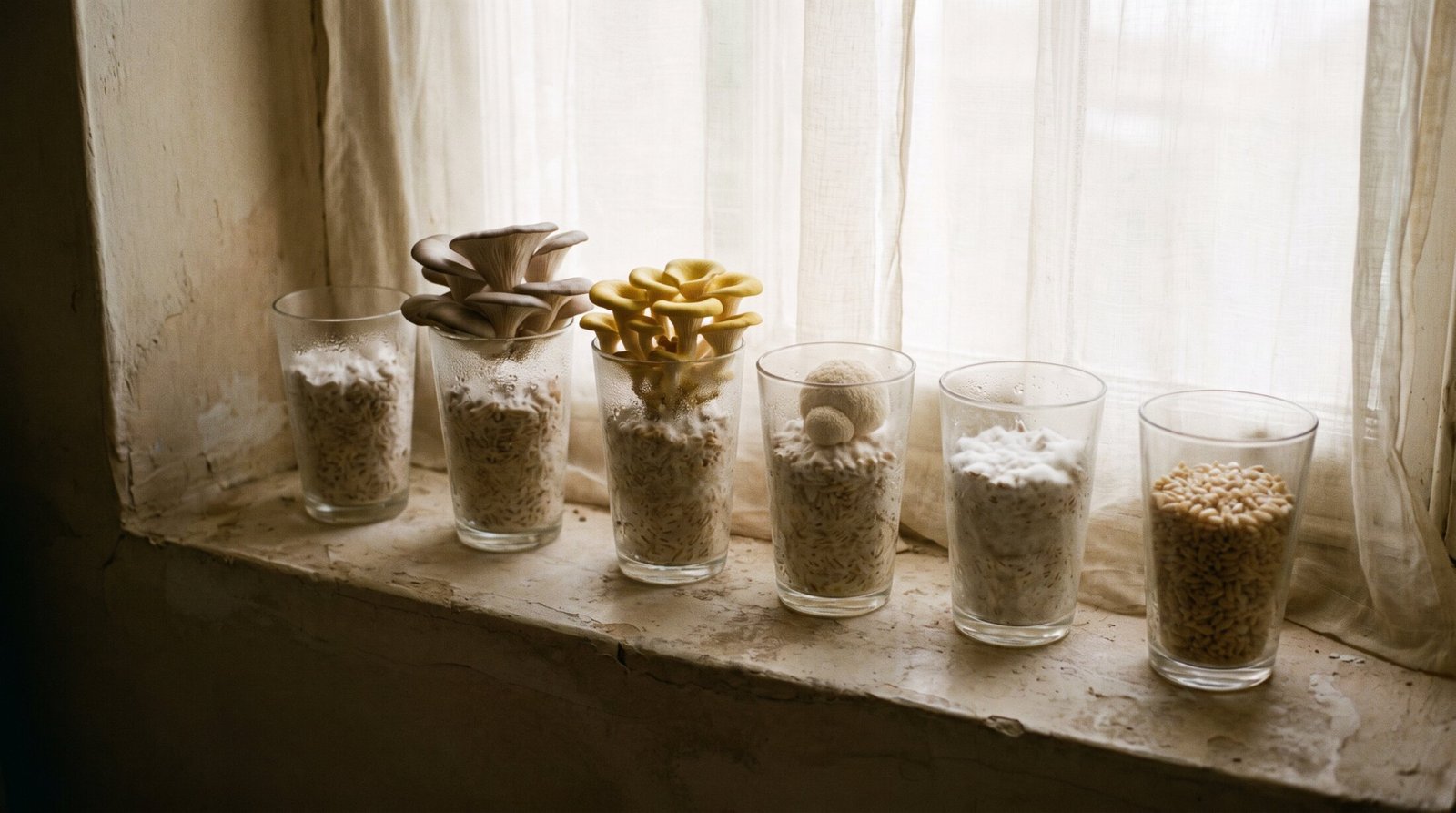 Six long-drink glasses on a windowsill, from fresh grain to fruiting mushrooms