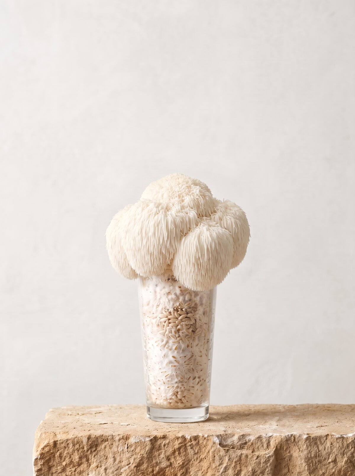 Lion's Mane growing from a long-drink glass