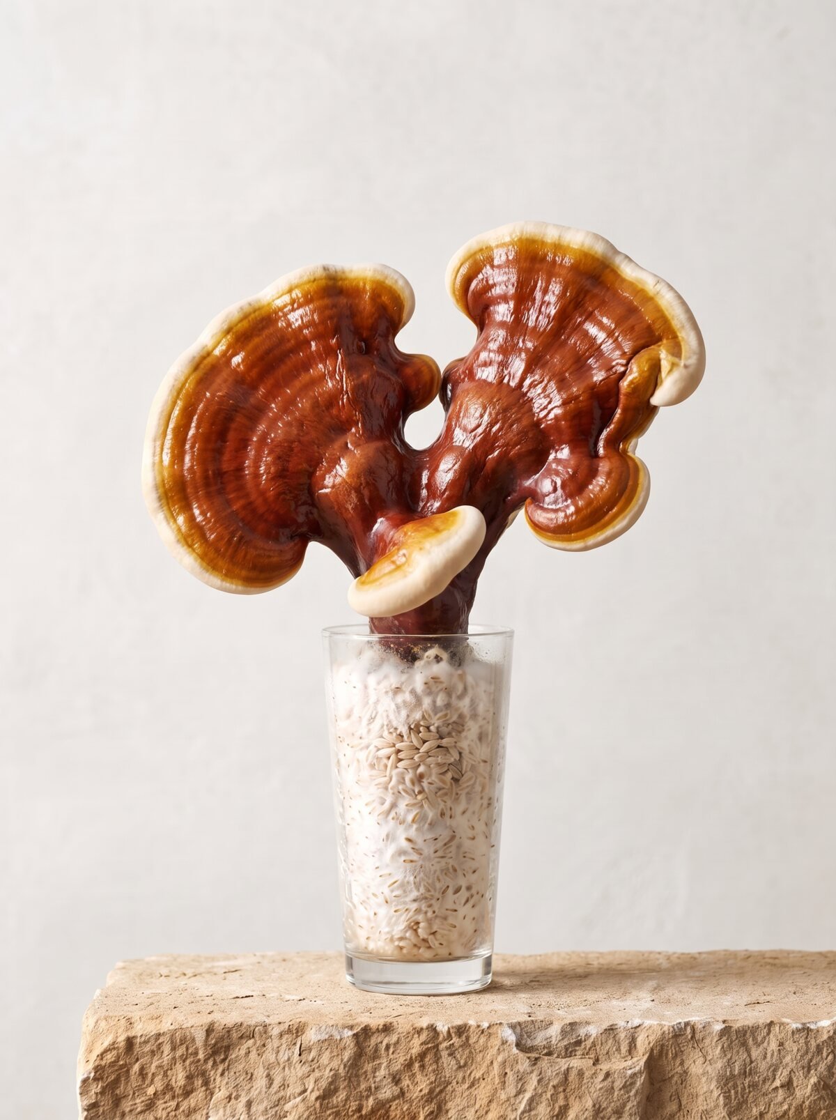 Reishi growing from a long-drink glass