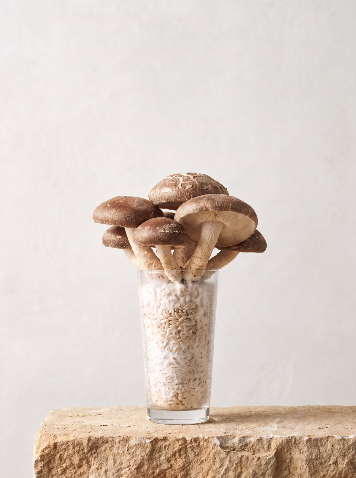 Shiitake growing from a long-drink glass